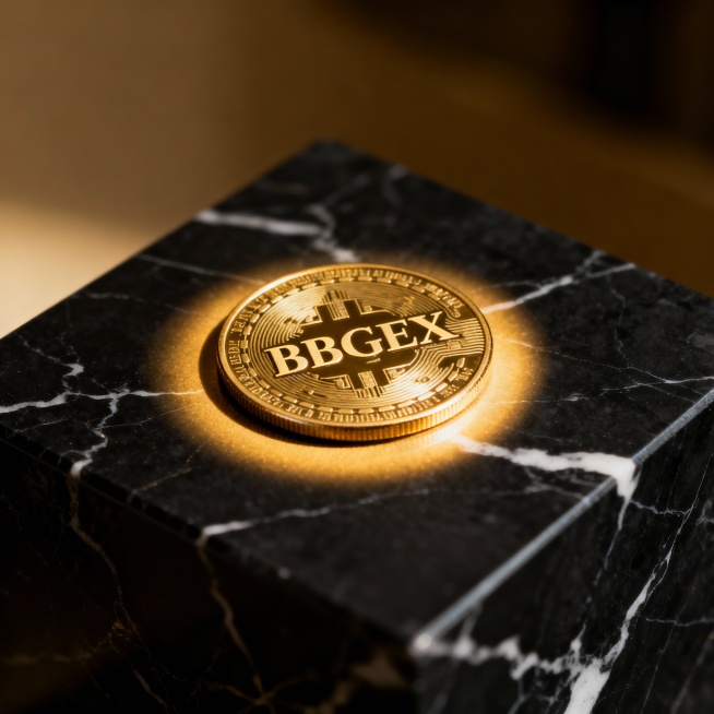 “Luxury BBGEX gold coin on black marble texture, golden spotlight glow, premium wealth and trust vis预览效果