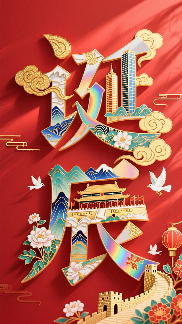 字体设计，“诞辰”字笔画进行解构用元素拼接而成，文字笔画填充建筑（长城、山脉、故宫、天坛、高楼大厦等）、鲜花、灯笼，白鸽点缀，光影交织，边缘环绕着金色的祥云，红色背景
