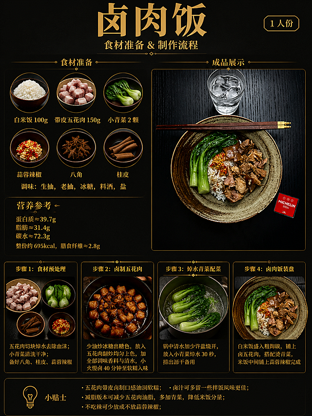 竖版高级黑金美食食谱海报，哑光纯黑背景，暖金色烫金字体，深色高级美食摄影质感，版式严格分区，文字清晰工整，无乱码，无错别字，图文一一对应。
顶部区域：
大号烫金标题「卤肉饭」
小字副标题「食材准备 & 制作流程」
右上角小标签「1 人份」
左上食材准备区域：
圆形食材预览框，依次展示：
白米饭 100g，带皮五花肉 150g，小青菜 2 颗，蒜蓉辣椒，八角，桂皮
下方调味文字：
调味：生抽，老抽，冰糖，料酒，盐
右上成品大图区域：
直接使用用户提供的原始实拍原图，不重新生成、不重绘、不换构图、不改变食物和餐具。原图完整放入海报对应成品区域，保留原图深色木纹桌面、复古窑变粗陶大碗、卤肉白米饭、烫青菜、碗中蒜蓉辣椒、金边木质筷子、上方透明冰水玻璃杯、画面右下角红色方形 Michelin 2026 图标，全程不做任何二创修改，仅适配海报整体暗调光影。
左下营养参考区域：
金色小标题「营养参考」
三行营养文字：
蛋白质≈39.7g
脂肪≈31.4g
碳水≈72.3g
底部小字「整份约 695kcal，膳食纤维≈2.8g」
中下 4 格等分步骤卡片：
步骤 1：食材预处理
画面：五花肉切块焯水，青菜洗净，香料、蒜蓉辣椒备好
文字：五花肉切块焯水去除血沫；小青菜清洗干净；备好八角、桂皮、蒜蓉辣椒
步骤 2：卤制五花肉
画面：炒冰糖糖色，翻炒五花肉上色，加调料香料加水小火卤煮
文字：少油炒冰糖出糖色，放入五花肉翻炒均匀上色，加全部调味香料与清水，小火慢卤 40 分钟至软糯入味
步骤 3：焯水青菜配菜
画面：清水加盐煮沸，下入小青菜短暂焯水捞出
文字：锅中清水加少许盐烧开，放入小青菜焯水 30 秒，捞出沥干备用
步骤 4：卤肉饭装盘
画面：白米饭铺碗底，放上卤五花肉，搭配烫青菜，米饭中间铺蒜蓉辣椒
文字：白米饭盛入粗陶碗，铺上卤五花肉，搭配烫青菜，米饭中间铺上蒜蓉辣椒完成
底部小贴士区域：
金色灯泡图标
小标题「小贴士」
正文：
五花肉带皮卤制口感油润软糯；
卤汁可多留一些拌饭风味更佳；
减脂版本可减少五花肉油脂，多加青菜，降低米饭分量；
不吃辣可少放或不放蒜蓉辣椒；
整体硬性约束：黑金食谱长图，哑光纯黑背景，烫金金色字体，版面分区边界清晰，每一格食材实拍图和标注文字完全匹配，步骤画面与步骤文案一一对应，全部中文烫金字体清晰无乱码，无多余杂物、无图文错位、无食材错误，暗调柔和棚拍柔光，8K 写实高清美食摄影，食材油润通透，整套统一轻奢黑金减脂餐系列风格；成品大图固定使用用户上传原图，禁止二创重绘。