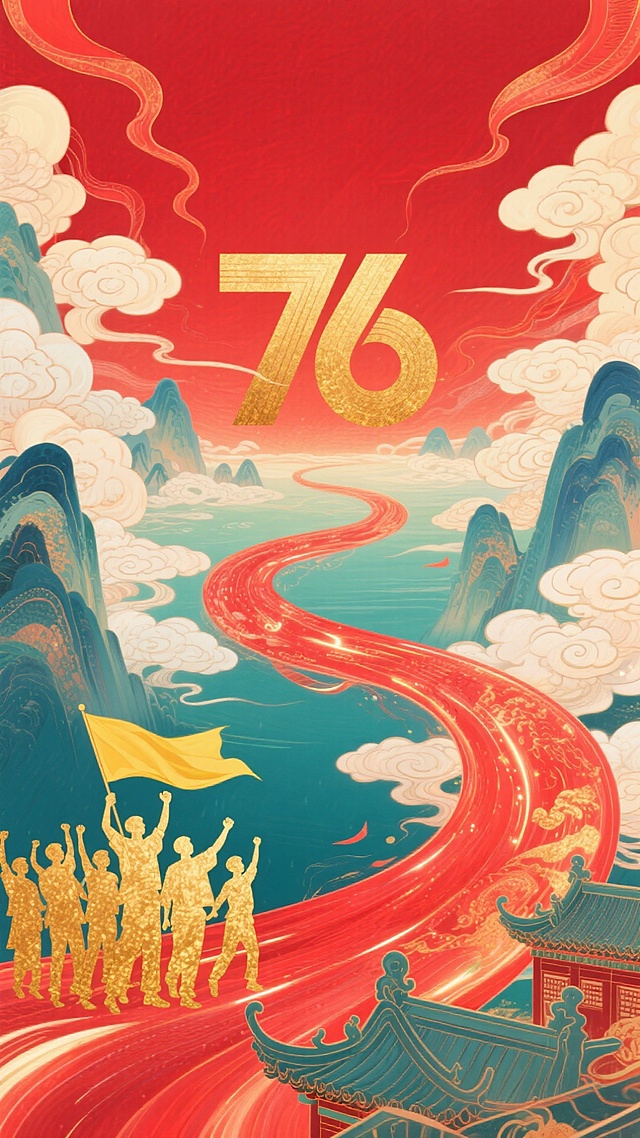 国潮风插画，鎏金剪影人物高举旗帜，踏红绸奔向远方，山水云海间浮雕式建筑巍然矗立，金色“76”闪耀于赤红天幕，尽显中式古典与热血励志的喜庆民族感。