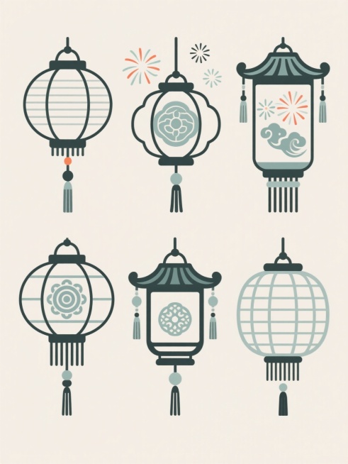 一套由6个不同造型灯笼组成的系列素材集合，每个灯笼均保持传统中式灯笼的核心元素（包括圆形灯身、顶部装饰、悬挂绳及底部流苏），但在灯身纹样、流苏样式、顶部装饰细节上各具特色，同时融入烟花和祥云图案作为辅助装饰元素。整体采用扁平化设计风格，线条简洁流畅，无渐变和立体效果，每个灯笼及装饰元素均以单一纯色填充，背景为纯色且与主体元素色彩形成鲜明对比。6个灯笼素材呈规整矩阵式排布，彼此间距均匀，整体构图……预览效果