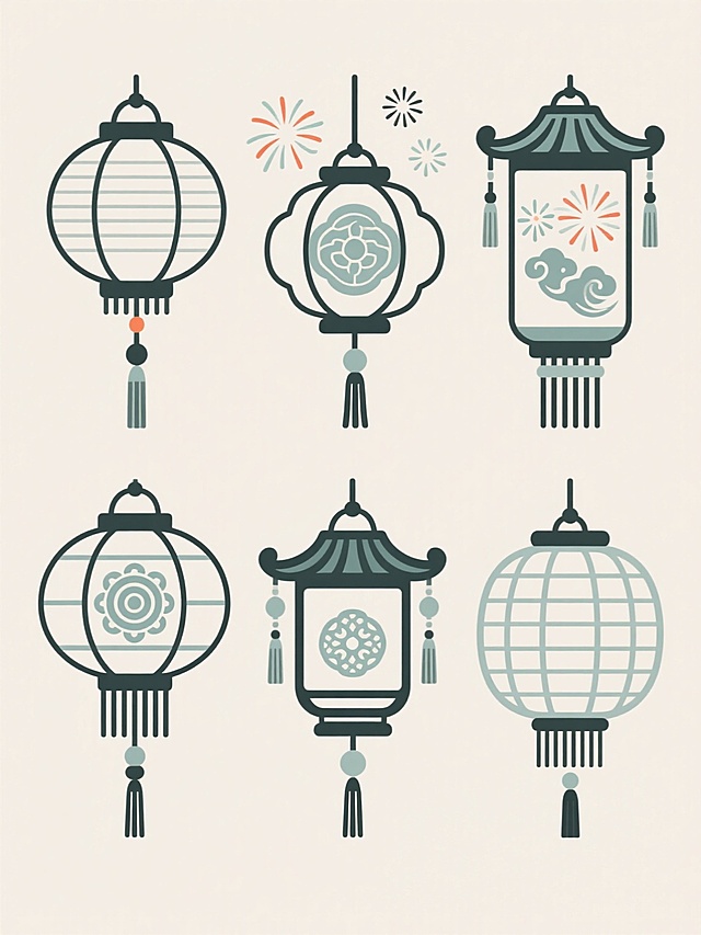 一套由6个不同造型灯笼组成的系列素材集合，每个灯笼均保持传统中式灯笼的核心元素（包括圆形灯身、顶部装饰、悬挂绳及底部流苏），但在灯身纹样、流苏样式、顶部装饰细节上各具特色，同时融入烟花和祥云图案作为辅助装饰元素。整体采用扁平化设计风格，线条简洁流畅，无渐变和立体效果，每个灯笼及装饰元素均以单一纯色填充，背景为纯色且与主体元素色彩形成鲜明对比。6个灯笼素材呈规整矩阵式排布，彼此间距均匀，整体构图平衡对称，视觉上形成统一和谐的系列感。