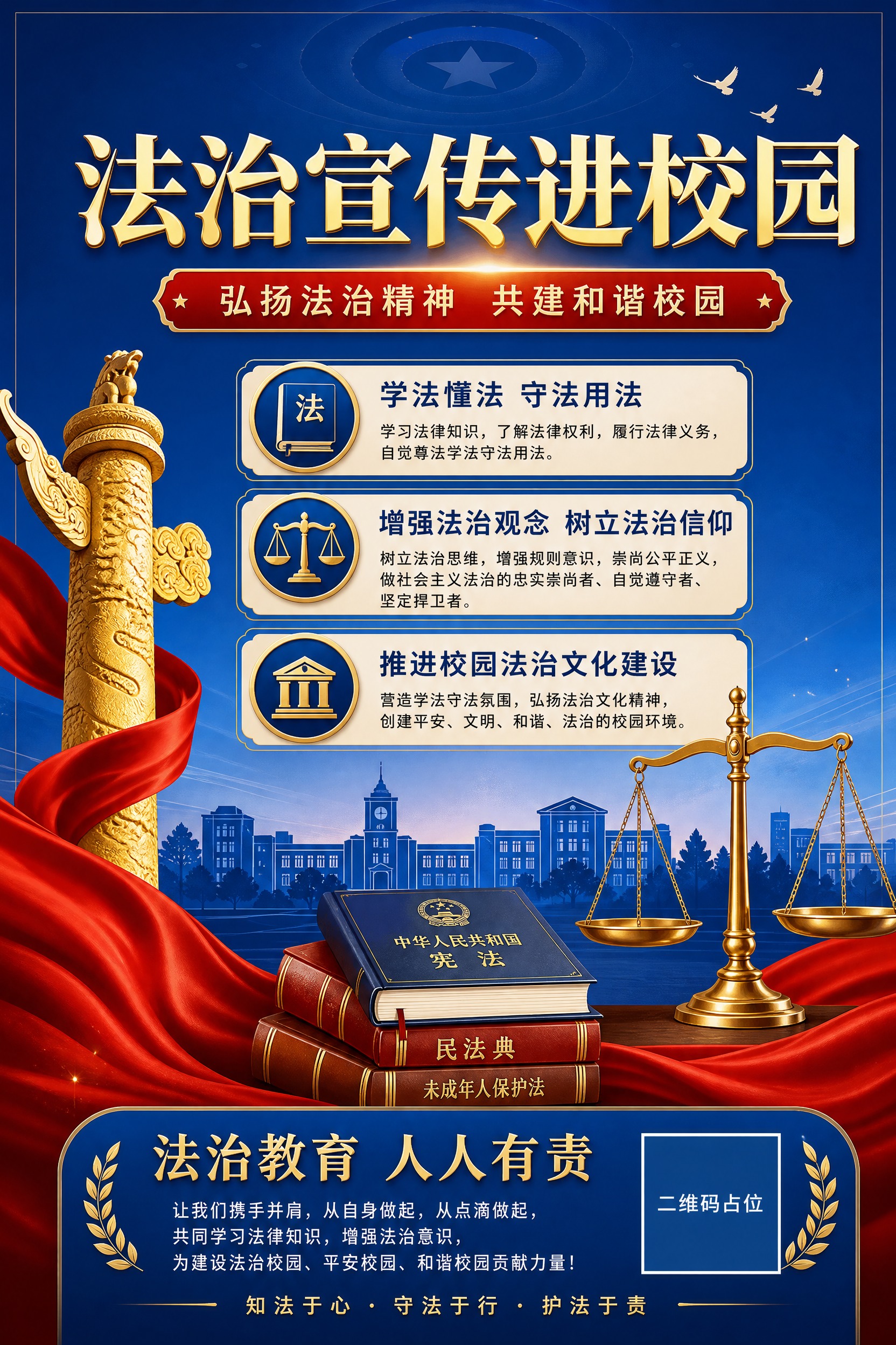 校园法治宣传海报，庄重正式风格。深蓝色渐变背景，华表、天平、法… - 图片创意预览