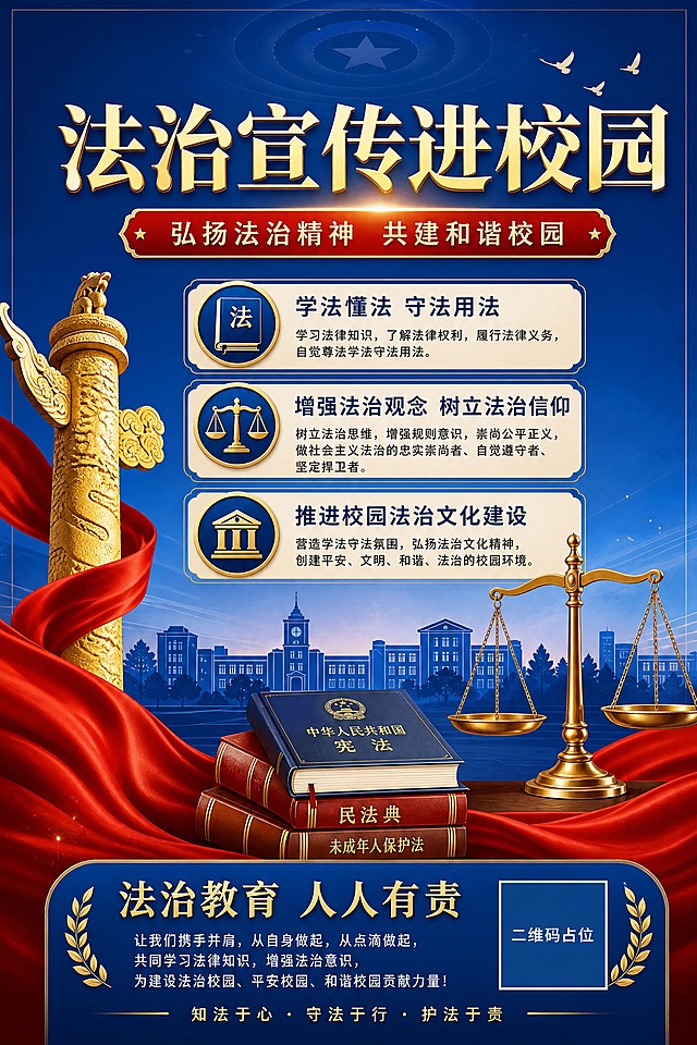 校园法治宣传海报，庄重正式风格。深蓝色渐变背景，华表、天平、法律书籍等象征元素，校园建筑剪影。顶部大标题"法治宣传进校园"，副标题"弘扬法治精神 共建和谐校园"。中部三条信息："学法懂法 守法用法"、"增强法治观念 树立法治信仰"、"推进校园法治文化建设"。底部"法治教育 人人有责"。蓝红金配色，版式精美，四周留安全边距。画面中所有信息区域填充完整合理内容，无空白框、空白占位、横线待填写区域、空列表项、空单元格。二维码区域使用纯色方块占位符呈现，方块中央标注"二维码占位"文字，不生成可识别的二维码图案。