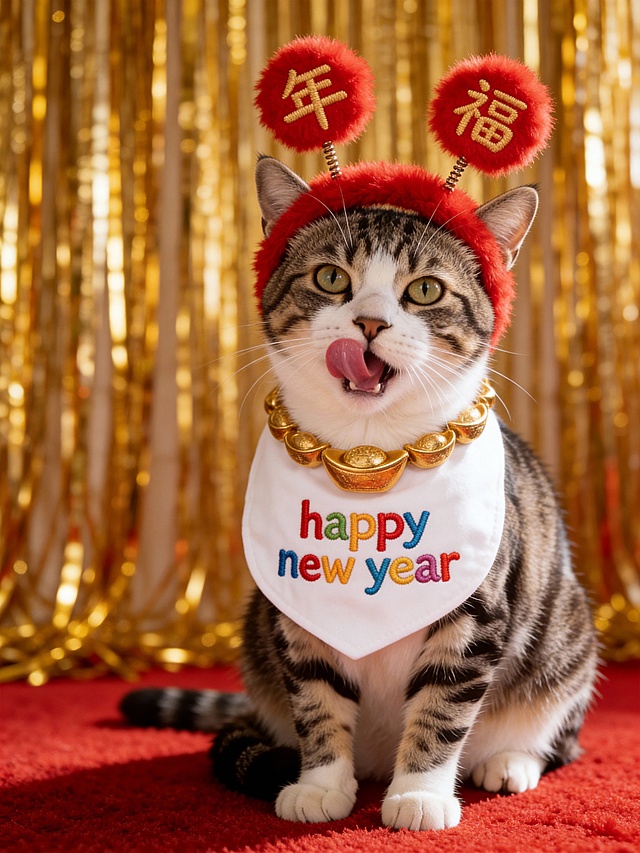 国潮风猫咪拟人造型，刺绣围兜搭配鎏金项圈，红金背景烘托喜庆氛围，卡通感十足，尽显中式新年可爱魅力。