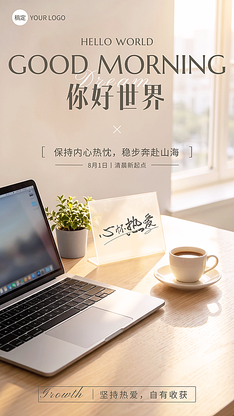 八月你好早安日签简约治愈职场励志温柔文艺正能量企业问候竖版朋友圈