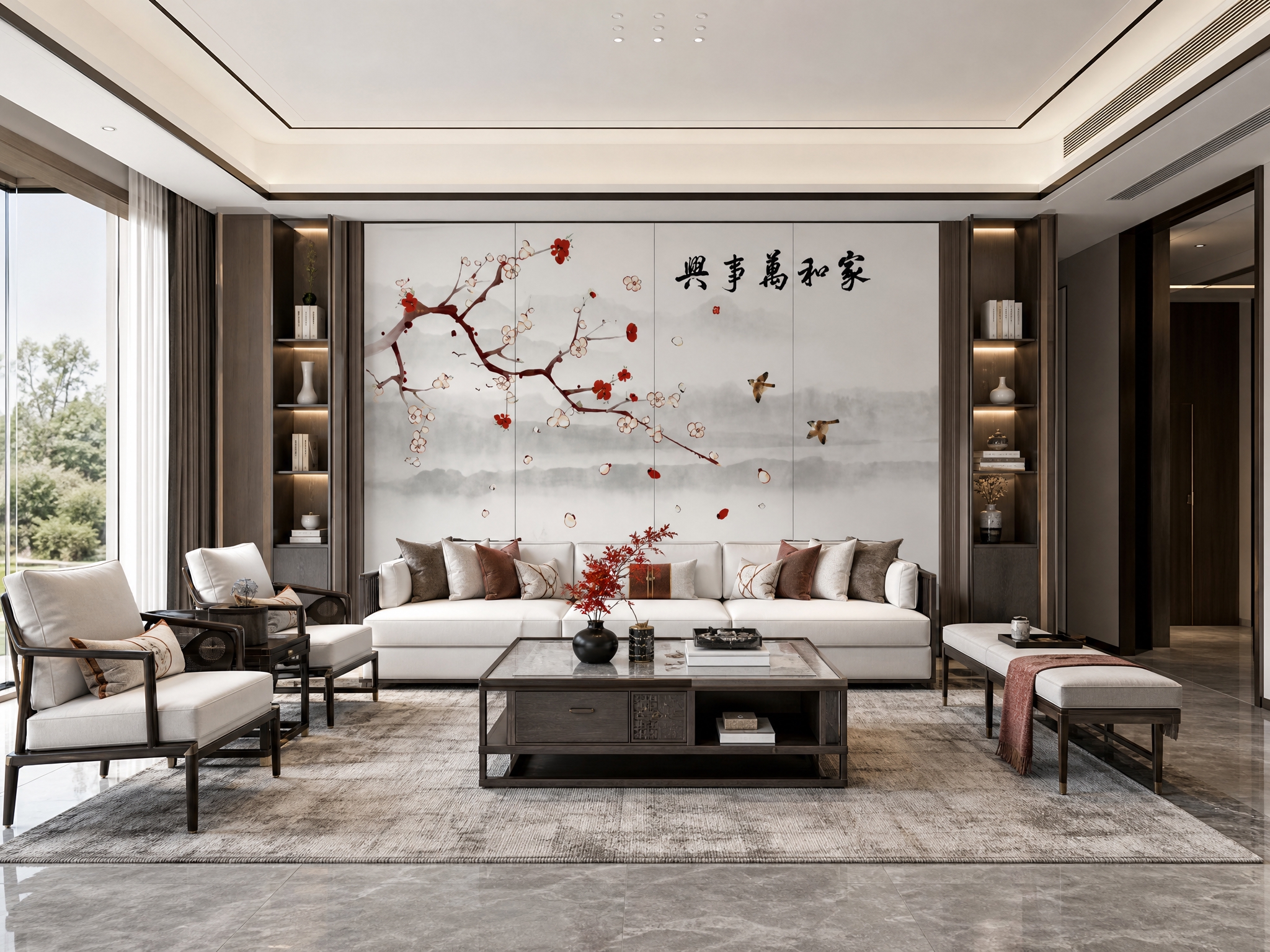 将图中的刺绣硬包背景墙图案完整保留，图案颜色和细节完全不变，放… - 图片创意预览