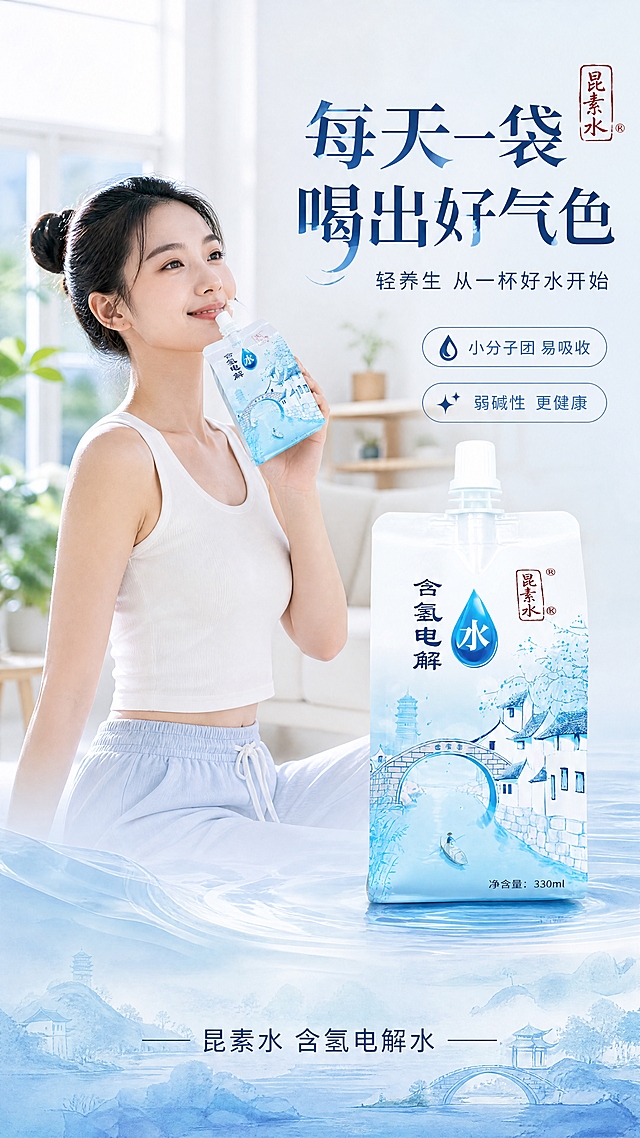 [商品] 使用【图3】含氢电解水330ml小袋装；保留吸嘴盖、自立袋结构、江南水乡插画包装、"含氢电解"文字、"昆素水"印章Logo，真实还原袋身质感。
[画面] 目标：模特展示页，亚洲年轻女性手持饮用，传递健康生活方式。构图：左模特右产品（右文左图变体），模特占画面50%，位于画面左侧，右手持一袋含氢电解水，正在饮用或准备饮用，自然微笑；右侧产品放大展示占30%；背景为明亮的居家客厅或阳台，窗边自然光，绿植点缀，3层视觉层次。阅读动线：从人物到产品再到文字。
[视觉] 套系策略：风格=江南水韵清新商业摄影，国潮插画与写实产品结合；标题字=现代宋体加粗，带水纹笔触感；正文字=简洁无衬线体；主色=清透水蓝（#4A90D9）；背景延展=基于水蓝色做深浅渐变、水面波纹、云雾缭绕的江南意境；强调色=朱红印章色（#C23B22），仅用于小面积图标、印章标签和重点高亮；标题色=深蓝（#1E3A5F）；正文色=深灰蓝（#3A5A7C）；组件=圆角水纹信息卡、细线水滴引线、印章式标签；光影=柔和窗边自然光，清新明亮。
[文字] 右上主标题"每天一袋 喝出好气色"，副标题"轻养生 从一杯好水开始"；下方2个卖点："小分子团 易吸收""弱碱性 更健康"；底部"昆素水 含氢电解水"品牌名。文字均为横排，不遮挡人物脸部和产品主体。
[规格] 图片比例9:16竖版，4K，避免变形、错字、文字过小、产品颜色改变、包装文字错乱、医疗功效宣传、亚洲面孔以外的模特。