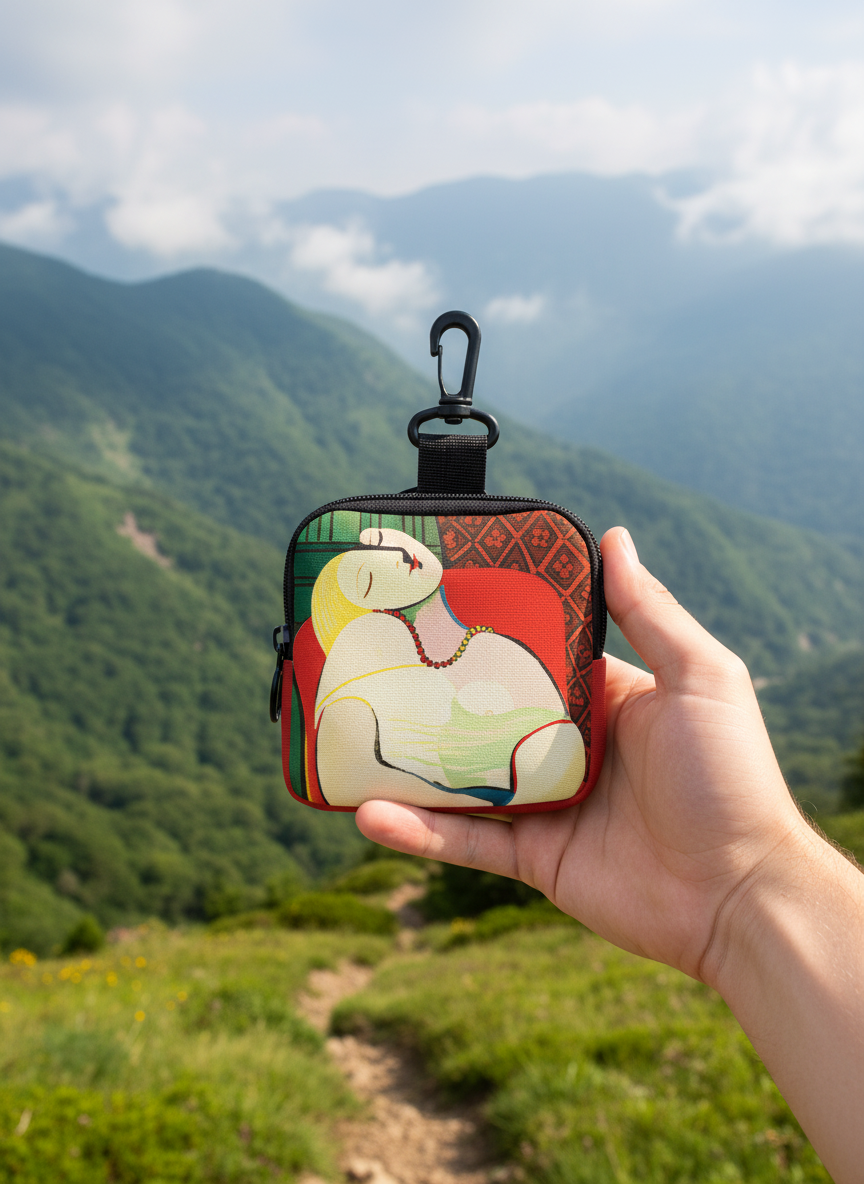 不经意间拍摄的照片，用手拿着这只玩偶，在户外旅游的山上放着 - 图片创意预览