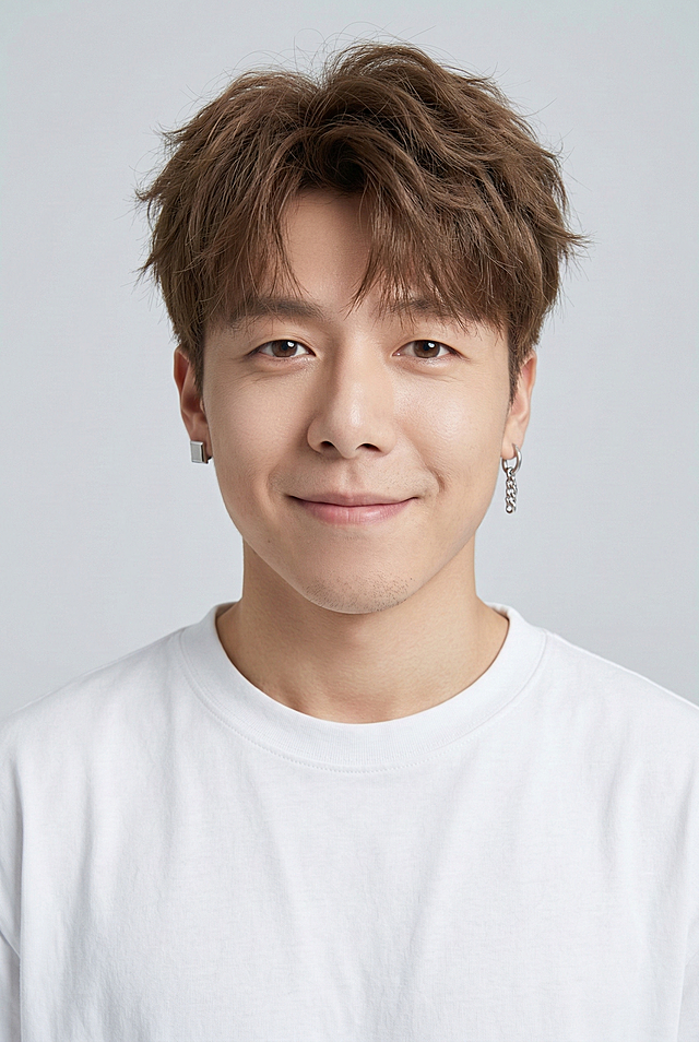 图中人物五官不变，年轻东亚男性（18-25岁）的近景人像，五官精致，暖棕色眼眸直视镜头，嘴角带着温柔治愈的微笑。留着浅棕色纹理短发，顶部蓬松有层次感，略显凌乱。身着白色宽松圆领T恤，版型oversized，面料轻盈顺滑。背景是浅灰色纯色影棚，柔和的正面漫射光均匀照亮面部与T恤，凸显出发丝的纹理与肌肤的通透感，营造干净清新的少年感氛围。整体风格超写实，细节丰富，专业影棚人像摄影