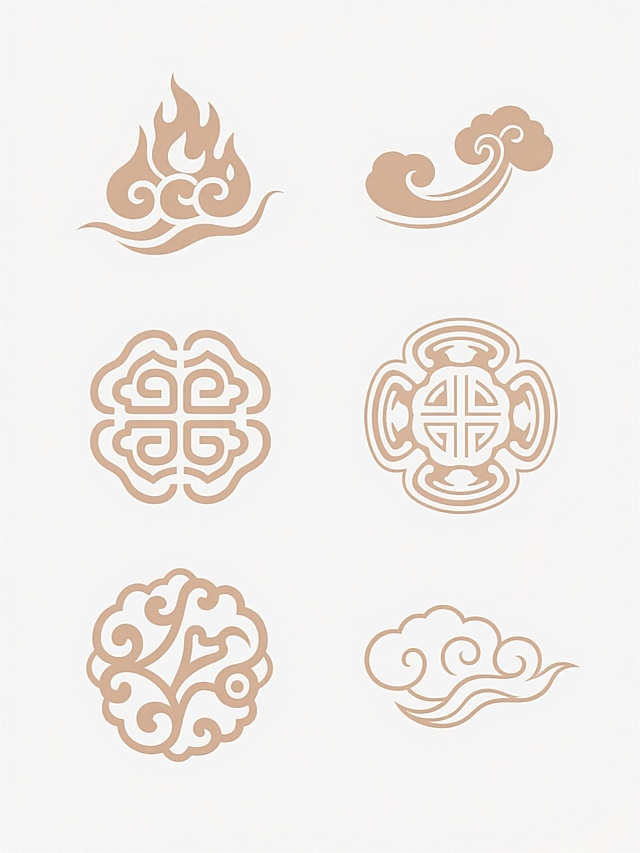 六个不同样式的国风传统元素，包括祥云纹、火焰纹、如意纹、回纹、卷草纹和云气纹，均以单一的浅棕色线条勾勒，线条流畅细腻，具有典型的中国传统图案的对称与韵律美感，元素之间保持均匀间距，整齐排列在纯白色背景上，整体呈现出简洁、清晰、具有装饰性的视觉效果，无任何文字、二维码或其他干扰元素。