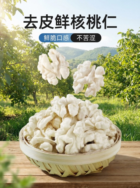 模仿参考图生成类似的去皮鲜核桃仁宣传图，保留所有文字内容：“去皮鲜核桃仁 鲜脆口感 不苦涩”，所有核桃仁调整为纯白色去皮效果，背景调整得更加真实自然，核桃仁堆叠位置和悬浮核桃仁形态和原图不一样，不生成预览效果