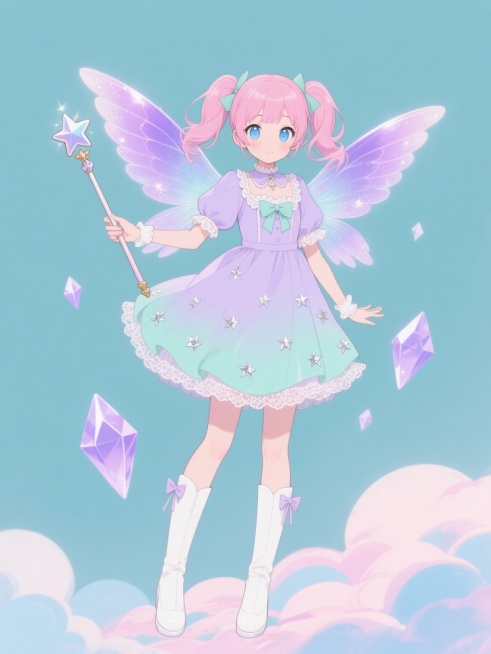 日系动漫风格插画，一位拥有全新造型的少女，她有着粉色的双马尾，眼眸是清澈的蓝色，背后是一对闪耀着微光的紫色渐变翅膀，手持一根顶端装饰着星星的魔法杖。她身着淡紫色与薄荷绿相间的洛丽塔连衣裙，裙摆上点缀着小巧的银色星星图案，袖口和领口处有精致的蕾丝花边，脚上穿着带有蝴蝶结的白色长筒靴。周围漂浮着淡紫色的菱形水晶和粉蓝色的云朵，整体画面保持纯色背景，光影柔和，线条流畅，色彩和谐，营造出梦幻甜美的氛围。预览效果