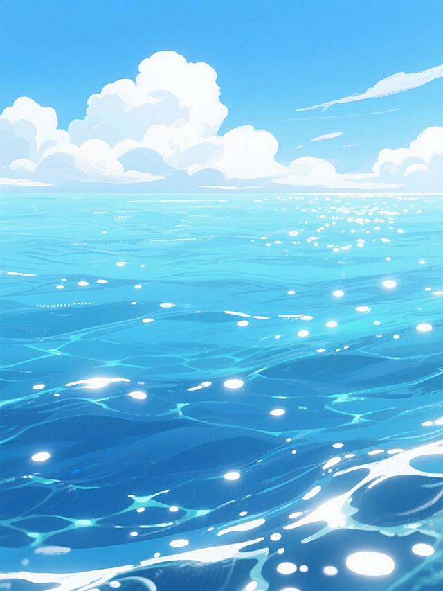 插画风格的清澈海面，海水呈现从深蓝到浅蓝的渐变色调，波光粼粼的水面上有许多白色的光斑，阳光透过海水形成清晰的光影纹路，远处是洁白的云朵和湛蓝的天空，整体画面宁静而明亮，给人一种清新自然的感觉。