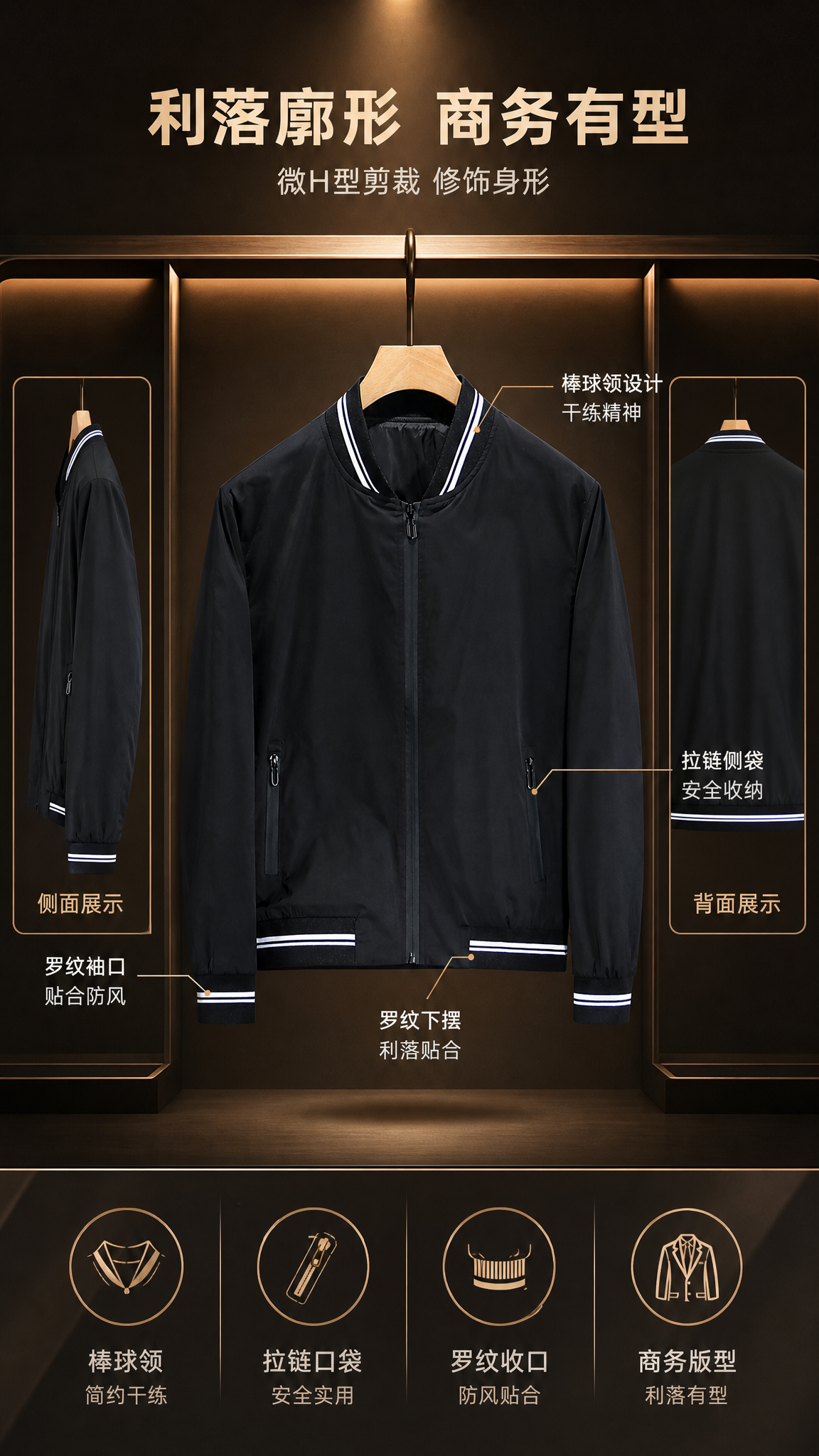 [第2张] 详情页版型解析-轻奢商务棒球领夹克多角度廓形展示。… - 图片创意预览