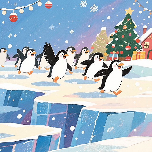 可爱的企鹅们在冰川奔跑，欢笑，背后是圣诞场景