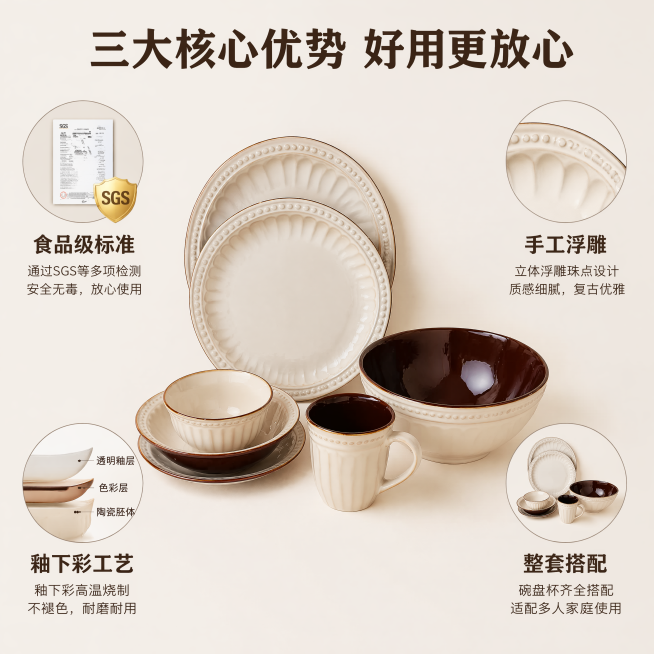 [主图-2] 美式复古餐具核心卖点展示图。氛围风格为干净简洁专业品质风。画质要求商业摄影质感、光线柔和通透、产品清晰真实、画面干净高级。整套美式复古浮雕珠点餐具居中展示，周围环绕四个核心卖点场景小图；预览效果