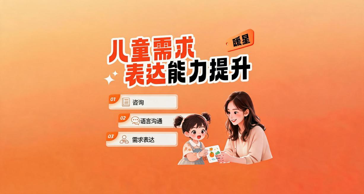 保持布局配色不变，保留右上角暖星，标题为"儿童需求表达能力提升"，将标题中的"需求表达能力"五个字标橙色，更换右侧人物为妈妈和小女孩互动表达游戏，和之前图片视觉差异大，保持风格一致。预览效果