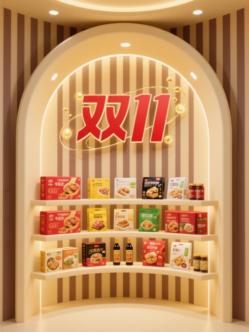 一个以米黄色为主色调的弧形货架，货架顶部有柔和的嵌入式灯光照亮下方，背景是米黄色与深棕色相间的竖条纹图案。货架分为上下两层，每层都整齐摆放着多种包装食品，包括盒装、袋装和瓶装，食品包装色彩丰富，有红色、黄色、绿色、黑色等，包装上有清晰的产品图片和文字。货架上方正中央有醒目的“双11”红色艺术字，字体周围可添加一些金色的光点或线条作为装饰，增强促销氛围。整体画面明亮、整洁，具有浓厚的电商促销氛围……预览效果