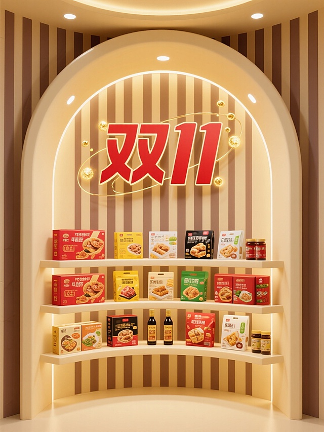 一个以米黄色为主色调的弧形货架，货架顶部有柔和的嵌入式灯光照亮下方，背景是米黄色与深棕色相间的竖条纹图案。货架分为上下两层，每层都整齐摆放着多种包装食品，包括盒装、袋装和瓶装，食品包装色彩丰富，有红色、黄色、绿色、黑色等，包装上有清晰的产品图片和文字。货架上方正中央有醒目的“双11”红色艺术字，字体周围可添加一些金色的光点或线条作为装饰，增强促销氛围。整体画面明亮、整洁，具有浓厚的电商促销氛围，视觉层级清晰，能在短时间内吸引消费者目光，突出货架上的商品和“双11”促销主题，适合电商营销传播。