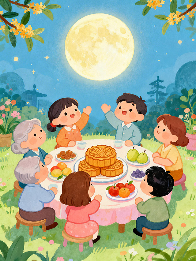 儿童绘本风格，人们摆上月饼和水果，对着圆圆的月亮祝福，画面温馨团圆氛围，可爱卡通画风，明亮马卡龙色系，适合幼儿园小朋友