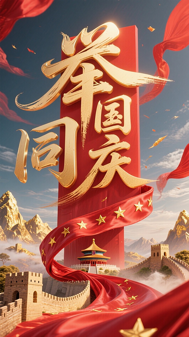 喜庆中式国潮风，鎏金大字“举国同庆”，红旗飘扬，长城映衬，节日氛围浓厚。