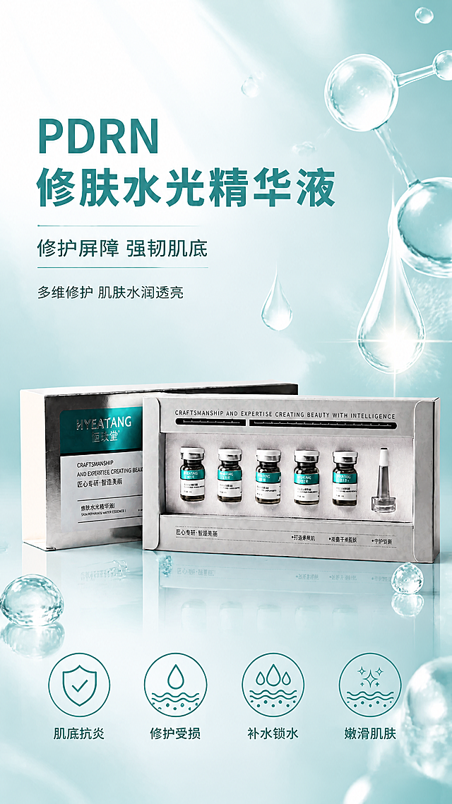 [第1张] 详情页头图主视觉-PDRN修肤水光精华液产品全貌海报。本张使用【图1】作为商品主体。
[氛围/风格] 高级医美修护风，水光清透质感，色彩光亮，专业科技感与温润修护氛围结合，商业摄影级质感。
[元素布局] 产品套盒（外盒+内盒5支安瓶+滴管头）置于画面中央偏下，占比约55%-60%；产品物理结构、银灰色包装、青绿色标签、恒玫堂品牌字样、瓶身比例轮廓与输入产品图完全一致；背景为渐变青绿色水光质感，上方有柔和光晕，底部为光滑反光台面；周围漂浮透明水分子、精华液滴、微光粒子等元素增强水光感；左上角留白做标题区，底部有4个圆形利益图标横排。
[光影质感] 顶部柔光主光，侧面辅光勾勒产品轮廓，底部台面有柔和倒影，整体通透明亮，突出产品高级质感。
[配色色系] 全局底色渐变 #E8F8F5 到 #B2DFDB；主色青绿色 #009688；辅助色银灰色、白色；点缀色金色微光。
[视角构图] 正面微仰视，产品为视觉中心，阅读动线左上标题 → 中央产品 → 底部利益点。
[文字版式] 左上主标题「PDRN修肤水光精华液」，副标题「修护屏障 强韧肌底」；底部4个圆形图标分别标注「肌底抗炎」「修护受损」「补水锁水」「嫩滑肌肤」；文字清晰不遮挡产品主体。
[比例分辨率] 9:16竖版比例，4K分辨率，文字清晰可辨，高清画质。
[负向提示词] 产品变形，缺件错件，包装文字错乱，颜色偏差，水印，文字过小，背景杂乱，产品图模糊。