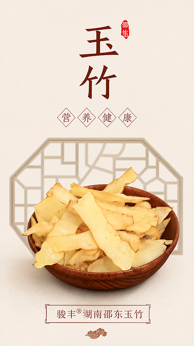 [第1屏] 详情页头图-玉竹干片产品主视觉海报。
[氛围/风格] 中式简约养生风，浅米色背景，自然质朴，商业摄影质感，突出天然健康的产品调性。
[元素布局] 使用【图1】作为商品主体，保持玉竹干片的物理结构、颜色、质感与输入产品图一致。玉竹干片盛放在棕色碗中，放置在画面中偏下区域，占据画面60%-70%主体。上方留出标题区域，下方留出品牌信息区域，整体构图平衡舒展。背景为纯净浅米色，加入中式几何窗格装饰元素，增加传统韵味。
[光影质感] 上方柔和主光照亮玉竹干片，突出干片的自然色泽和纹理，下方形成柔和阴影，整体明亮通透，产品边缘清晰真实。
[配色色系] 全局底色：#F0EAE0；主体配色：玉竹米黄色+碗棕色；文字配色：#8B3A1B+ #333333。
[视角构图] 正面平视视角，主体居中偏下，标题在上，品牌信息在下，符合从上到下阅读动线。
[文字版式] 采用温润宋体标题字形，正文同家族无衬线，字色仅使用棕红色和深灰色两种，纯色填充。版式：上方主标题+中间装饰字+产品主体+下方品牌框。主标题玉竹两个大字居中，棕红色，字号为画面宽度15%-18%，右上角小红色印章装饰；主标题下方四个菱形框营 养 健 康棕红色小字；下方棕色边框内品牌文字骏丰®湖南邵东玉竹，排版整齐，不遮挡产品主体。
[比例分辨率] 9:16竖版比例，4K分辨率，文字清晰可辨，超高清。
[负向提示词] 玉竹变形，颜色偏差，文字错乱，产品图模糊，背景杂乱，水印，极限词，虚假宣传。