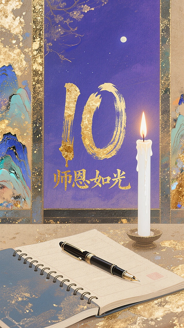 中式古典插画风，鎏金大字“师恩如光”，唯美感十足，烛光映衬书香，致敬教师节。