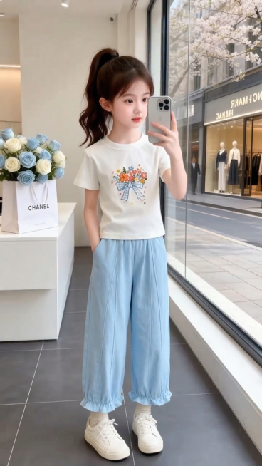 用图1的裤子替换图的2的人物的下身穿的裤子，保留原场景光影，保持图2的人物的上身穿着不变，五官和发型不变，图片宽高尺寸不变，背景不变，模特姿势不变，背景不变。保持图1的裤子的款式和颜色不变预览效果