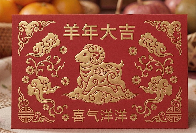 保持红色底色、金色描边的简约喜庆红包风格，设计完全不同的羊年红包，使用全新的小羊造型、独特的排版，可搭配祥云、卷草等吉祥纹样，和过往设计完全区分