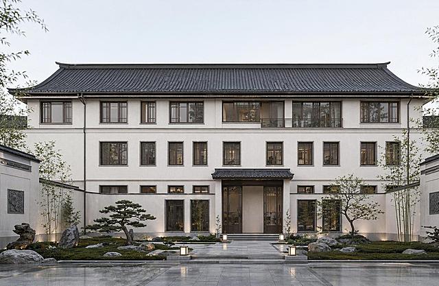 将图片换成简约新宋式的风格，景观也改为宋式的简约风格；整体画面具备宋式的简约意境，建筑细节丰富，风格不繁琐，画面清新自然