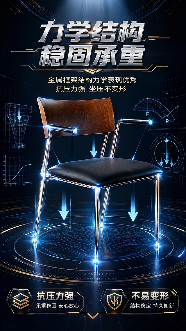 [第5张] 金属框架结构力学与承重抗压性能页。本张使用【图1】作为商品主体，展示结构强度。
[氛围/风格] 力量感+科技感，结构力学可视化，高级奢华，商业摄影质感，无人物。
[元素布局] 椅子置于画面中央偏下，占比约45%；椅子上方或周围有力学结构线、受力箭头示意、抗压测试图形元素；背景为深色科技感空间，有网格线、光效、结构力学示意图案；椅子金属框架部分有高亮发光效果，突出结构支撑点；椅子整体比例不变。
[光影质感] 顶部聚光打亮椅子，金属框架有强烈高光；周围有蓝色科技光效勾勒结构受力路径；明暗对比强烈，突出力量感与科技感。
[配色色系] 全局底色深空蓝 #0F1B2D；主色金属银+冰蓝科技光；辅助色金色装饰线条、胡桃木棕、黑色皮座。
[视角构图] 微仰视正面视角，椅子居中，力学结构示意线条从椅子向四周发散，视觉冲击力强。
[文字版式] 上方大字号艺术字主标题「力学结构 稳固承重」，字体带力量感立体设计与装饰线条；下方两行艺术字说明「金属框架结构力学表现优秀」「抗压力强 坐压不变形」；底部左右两个信息块，左侧「抗压力强」右侧「不易变形」，配几何图标；全部文字使用有花样的艺术字体。
[比例分辨率] 9:16竖版比例，4K分辨率，文字清晰可辨，高清画质。
[负向提示词] 椅子变形，结构错误，颜色偏差，人物出现，水印，文字错乱，文字过小，产品模糊，尺寸标注，内部结构展示。