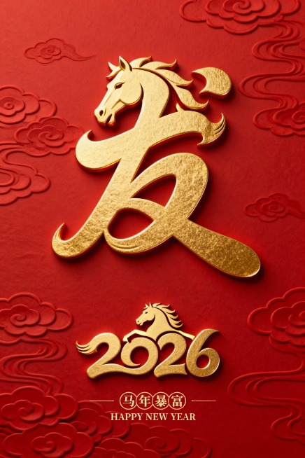 传统中国风结合现代平面设计，马年海报，传统祥云纹和新年元素图形设计。抽象纯金色的马头与金色“发”字巧妙融合，抽象草书，新颖夸张构图，大写意，采用细腻的曲线相互交织，构建出富有层次感的立体图案。背景是精预览效果
