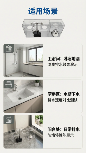 [第3屏] 地漏演示仪适配使用场景介绍。
[氛围/风格] 实景结合展示，干净明亮的卫浴场景风格，生活化真实感，商业摄影质感。
[元素布局] 三个适用场景拼图从上到下排列，每个场景占画面约三分之一，分别预览效果