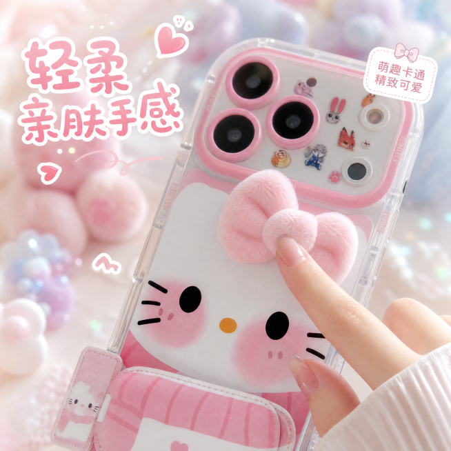 「图片1」「图片1」「图片1」，生成电商主图（5张），商品名称是手机壳，卖点是轻柔触感亲肤手感 萌趣卡通精致可爱 “自带美妆镜”“横竖双支架”“全包防摔”
，风格是以低饱和的马卡龙粉、白为主色调，搭配预览效果