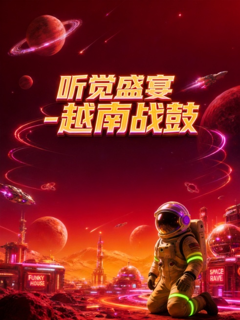 参考图片风格，文字为“听觉盛宴-越南战鼓”，背景更换为红色系太空场景（深红/酒红/橙红渐变），保留宇航员、星球、飞船与霓虹建筑元素，发光字体，比例3:4预览效果
