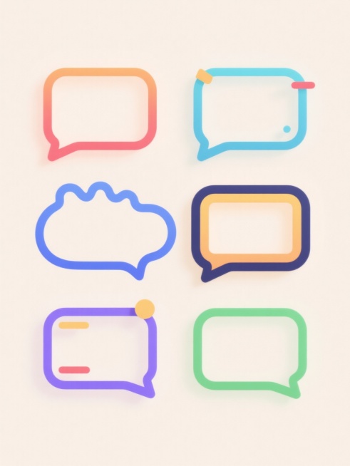 6个不同配色、不同样式、不同风格的气泡框设计，浅色背景，左右两行对齐排列，每个气泡框具有独特的色彩搭配和装饰元素，部分气泡框带有小尖角或波浪边缘，整体呈现简洁现代的设计感，线条流畅，色彩鲜明，适合用于信息展示或对话界面的UI设计素材。预览效果