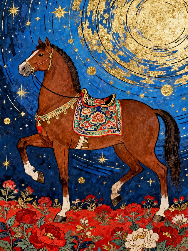 复古风格，特写一匹棕色唐马（中式花纹的马鞍）扬蹄在红色调的花园中的定格瞬间，背景蓝+金的西方星空