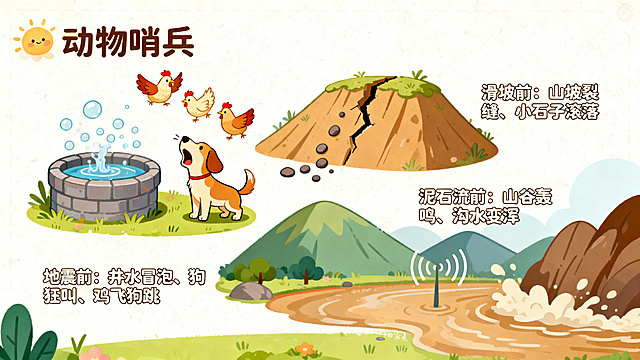 PPT页面，标题为"动物哨兵"，分三部分展示：地震前的井水冒泡、狗狂叫、鸡飞狗跳的卡通场景；滑坡前的山坡裂缝、小石子滚落的卡通场景；泥石流前的山谷轰鸣、沟水变浑的卡通场景，搭配对应文字说明，风格童趣可爱