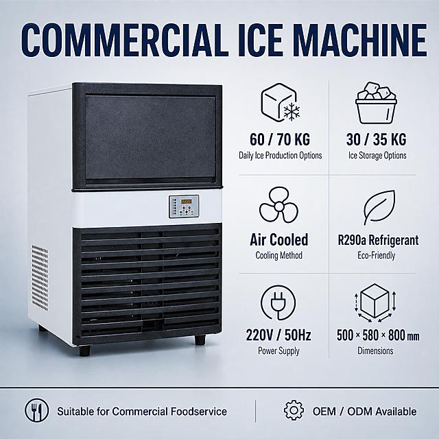 Alibaba.com B2B commercial equipment style product gallery image, 1:1 square, professional clean high-end, English typography.

[IMAGE 6 - THEME] COMMERCIAL ICE MACHINE - Product Features / B2B Information Graphic.

[UNIFIED VISUAL SYSTEM] Same visual family as all other images: cool light gray gradient background with subtle deep blue accent, same modern sans-serif font family, white and dark navy text hierarchy, thin clean line icons, no heavy decorative blocks, no promotional stickers, no fake certifications, no Chinese text.

[LAYOUT] Real commercial cube ice machine placed on the LEFT side or center-left of canvas, shown in three-quarter front view. Machine must strictly keep exact real product appearance: upper black door panel, control panel position and shape, lower black cooling grille, stainless steel white side body, black feet, original proportions. Do NOT change structure, do NOT show internal parts. Product occupies about 50-55% of canvas height, remains clearly visible as main subject.

[RIGHT SIDE - B2B FEATURES INFOGRAPHIC] Clean professional B2B information graphic layout on right side of canvas, with 6 feature items arranged in 2 columns × 3 rows grid, or vertical list with icons. Each item has a simple minimal line icon + bold data number + small description text below.

Feature items to display (exactly these, no extra parameters):
1. "60 / 70 KG" with subtitle "Daily Ice Production Options"
2. "30 / 35 KG" with subtitle "Ice Storage Options"
3. "Air Cooled" with subtitle "Cooling Method"
4. "R290a Refrigerant" with subtitle "Eco-Friendly"
5. "220V / 50Hz" with subtitle "Power Supply"
6. "500 × 580 × 800 mm" with subtitle "Dimensions"

[TOP HEADLINE] Large bold headline at top of canvas: "COMMERCIAL ICE MACHINE". Can span full width above product and features.

[BOTTOM BAR] A clean thin bottom bar or footer area with text: "Suitable for Commercial Foodservice" on left, and "OEM / ODM Available" on right side. Simple and professional.

[DESIGN FOCUS] Parameters must be clearly readable. Icons are simple and minimal. No over-decoration. Product body remains obvious. Designed for Alibaba international buyers to quickly scan and understand key specifications.

[FORBIDDEN CONTENT] Do NOT include: Factory Direct, Leading Manufacturer, CE, ETL, UL, NSF, or any certifications and identity descriptions not provided. No model numbers LS130/LS150. No price. No MOQ. No Chinese text.

[LIGHTING & QUALITY] Professional commercial product rendering / infographic style, clean studio lighting on product, sharp edges, high definition, perfectly legible text, aligned grid layout, pixel-perfect typography.

[NEGATIVE] No fake certifications, no false claims, no model numbers, no price, no MOQ, no promotional slogans, no Chinese characters, no distorted machine proportions, no blurry text, no watermark, no platform logo, no messy layout.