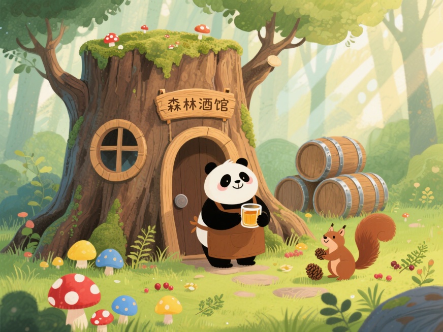 一幅充满奇幻色彩的森林场景插画，画面中央是一个由巨大树桩改造的酒屋，树桩表面有圆形的木质窗户和拱形门，门楣上挂着“森林酒馆”的木牌，屋顶覆盖着苔藓和小蘑菇。树桩酒屋周围环绕着茂密的绿色草木，地面上点缀预览效果