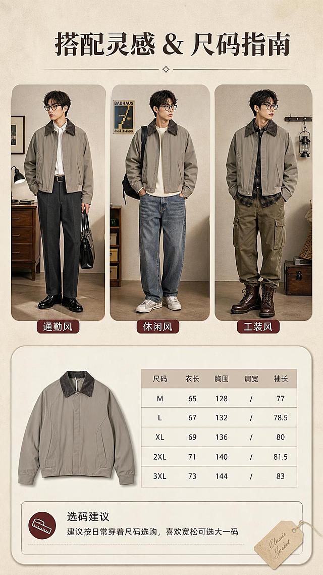 [商品] 使用【图1】卡其灰色灯芯绒领短款夹克；商品处理：保留深棕色灯芯绒翻领、插肩袖结构、前中暗门襟、两侧弧形分割口袋、罗纹下摆、袖口收边、整体卡其灰配色和短款廓形；自然去除衣身杂乱褶皱与压痕，理顺垂坠，增强面料纹理、缝线质感，不改变版型和结构。
[画面] 目标为搭配灵感与尺码信息页；竖版9:16构图，上半部分为3套穿搭小图横向排列（通勤西裤+皮鞋、休闲牛仔裤+板鞋、工装裤+马丁靴，均搭配同款夹克），下半部分为尺码信息卡区域，含夹克平铺小图+尺码表+选码建议；背景为浅米色纹理纸面。
[视觉] 套系策略：风格=复古通勤高级商业摄影；标题字=现代衬线粗体；正文字=简洁无衬线体；主色=卡其灰棕；背景延展=基于卡其灰棕做深浅层级、同色渐变和细腻纸张/织物质感；强调色=深棕红，仅用于小面积图标、引线和标签；标题色=深炭棕；正文色=中暖灰；组件=圆角浅底信息卡、细线引线、复古标签；光影=左前侧暖柔光，柔和阴影。
[文字] 顶部主标题"搭配灵感 & 尺码指南"；3套穿搭下方分别标注：「通勤风」「休闲风」「工装风」；下半部分尺码表含字段：尺码、衣长、胸围、肩宽、袖长，下方一行选码建议："建议按日常穿着尺码选购，喜欢宽松可选大一码"；文字全部横排，表格清晰可读。
[规格] 图片比例9:16竖版，4K，避免变形、错字、文字过小、冷蓝/蓝灰背景、衣服颜色改变、版型失真、白底孤立。