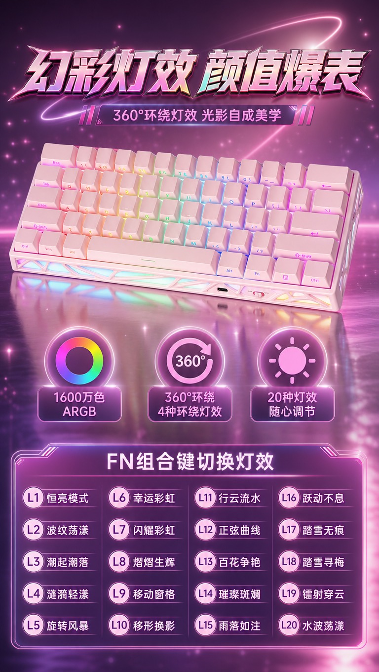 [商品] 使用【图9】【图10】粉色机械键盘灯效图；保留RGB… - 图片创意预览