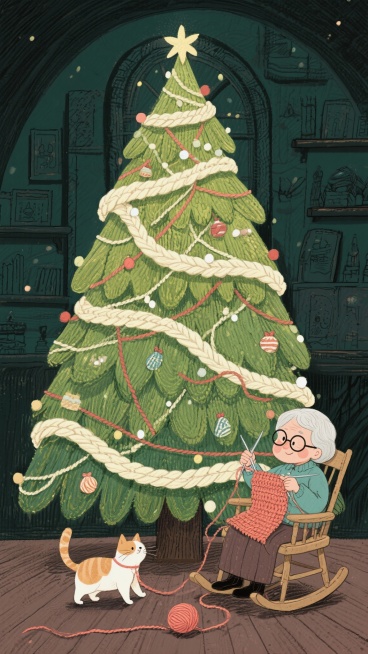 创意插画圣诞主题，一株巨大的圣诞树由羊毛纱线钩织而成，毛线缠绕，画面右下角有一位慈祥的老奶奶带着圆形老花眼镜，悠闲地坐在摇椅上用钩针编织着这巨大的毛线圣诞树，圣诞树点缀着圣诞氛围的小装饰物，还有一只小预览效果