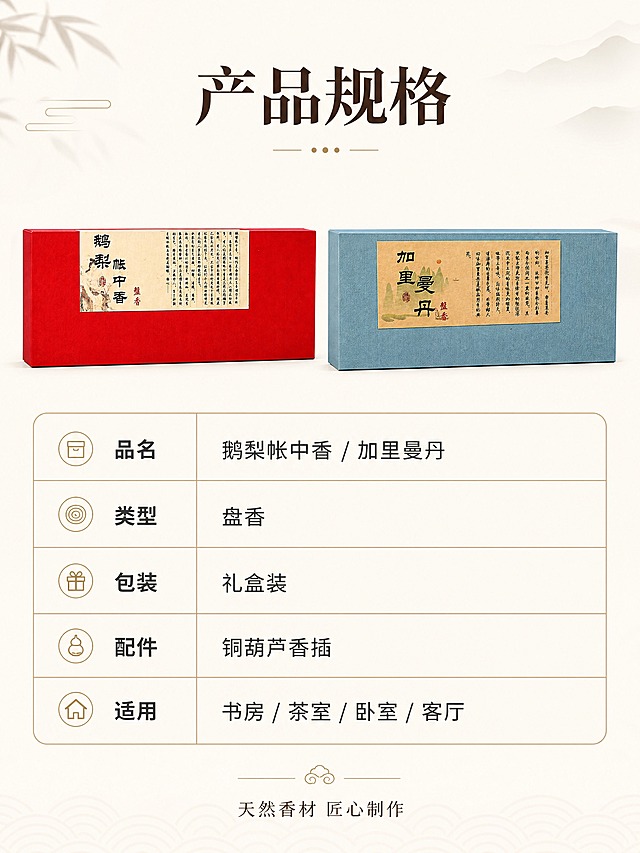 [商品] 使用【图6】鹅梨帐中香红盒与加里曼丹蓝盒两款盘香礼盒；保留两款礼盒的颜色、标签文字，商品文字清晰可辨。
[画面] 页面目标：产品规格信息页。构图：上方双盒小图左右排列，下方简洁信息表格列出规格。主体占画面35%，信息卡占画面55%。景别：信息页。阅读动线：上方标题→中间规格表→底部说明。
[视觉] 套系策略：风格=简约中式商业产品摄影；标题字=现代宋体粗体；正文字=简洁黑体；主色=米白+深灰+暖金；背景延展=浅米白干净背景；强调色=暖金色；标题色=深棕色；正文色=深灰色；组件=简洁圆角表格、细线分隔；光影=均匀柔光，信息清晰。
[文字] 上方主标题「产品规格」，下方表格含：品名（鹅梨帐中香 / 加里曼丹）、类型（盘香）、包装（礼盒装）、配件（铜葫芦香插）、适用（书房 / 茶室 / 卧室 / 客厅）。底部小字「天然香材 匠心制作」。文字全部横排，清晰可读。
[规格] 图片比例3:4竖版，4K分辨率，负向提示：避免变形、错字、文字过小、竖排文字、斜排文字。