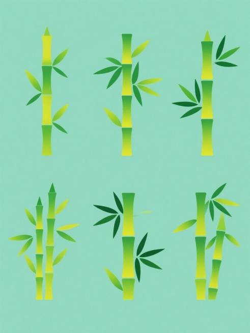 六个完全不同的竹元素插画，每个都保持相同的平面设计风格，绿色渐变竹竿，尖尖的竹叶，简约线条，纯色背景，系列素材集合规整排布，每个竹子有不同的姿态、竹节数量和竹叶分布，整体视觉统一，形成和谐的竹元素系列设计预览效果
