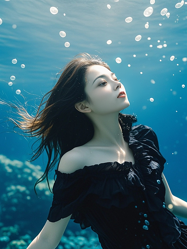 梦幻唯美的水下场景，光影清透，液态风设计，营造浪漫虚拟现实氛围。