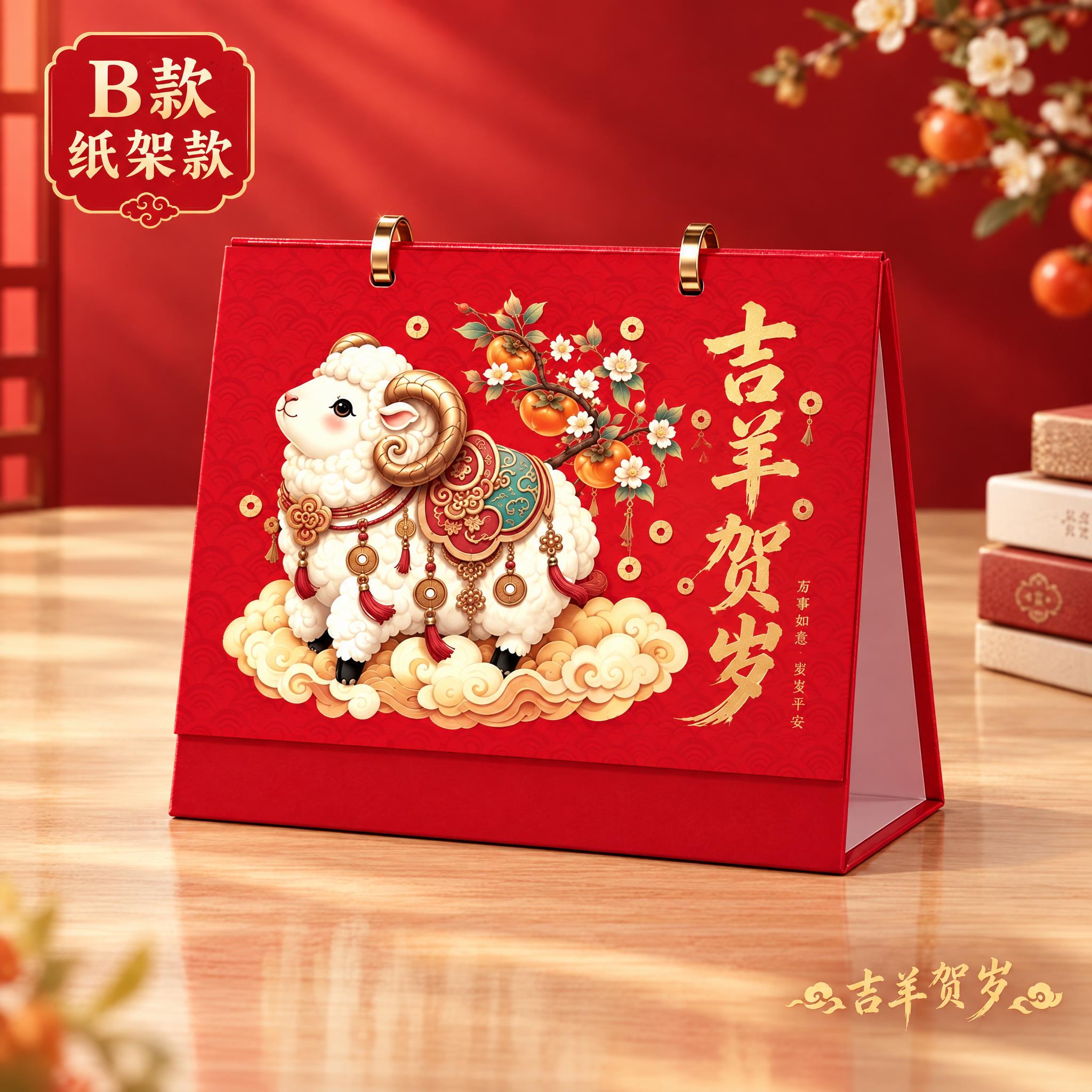 生成B款纸架台历主图，吉羊贺岁款。台历画面与A款相同（红色背景… - 图片创意预览