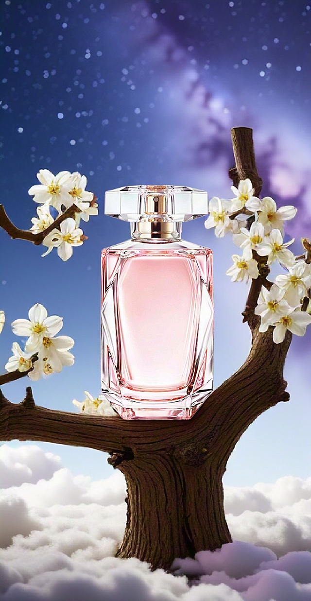 梦幻3D玻璃瓶，枝头绽放白花，云海背景，超现实浪漫唯美景致。